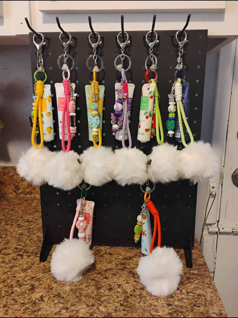 Kids Pom Pom Beaded Keychain Wristlet - White Pom, Multi Colors